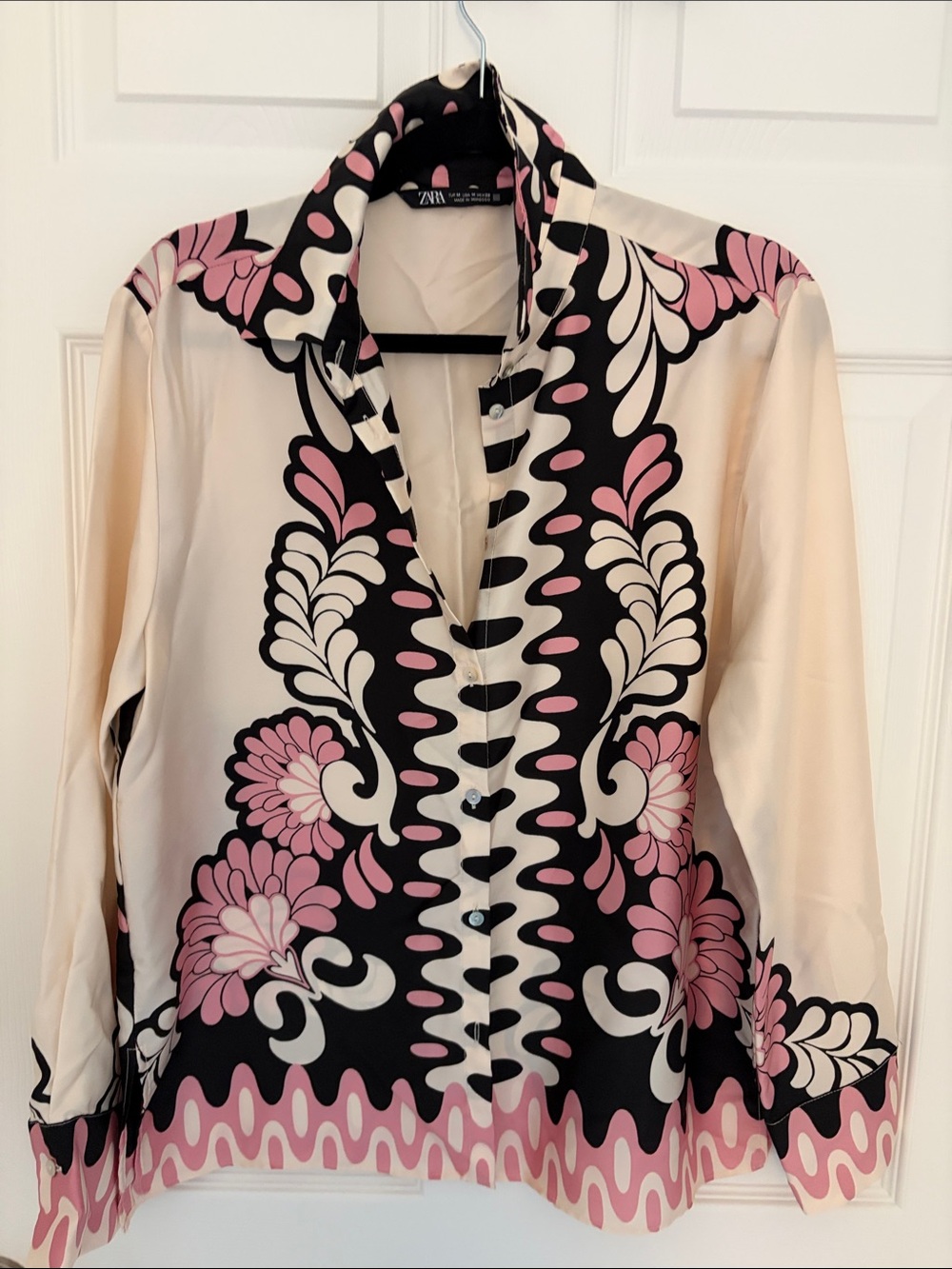 Zara Cream, Pink & Black Floral-Print Button Down Shirt